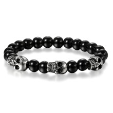 Bracelet jonc à breloque tête de mort en perles, acier inoxydable et verre, noir