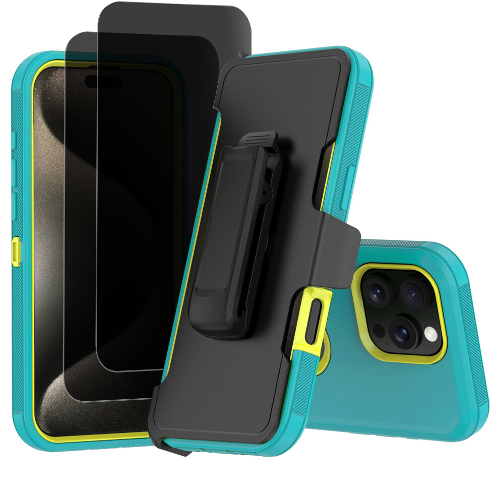 Heavy Duty Shockproof Case For Iphone 16 Pro Max Â Dustproof, Privacy Screen Protector, Tempered Glass & Belt Clip Â Green/Yellow 9448483623933