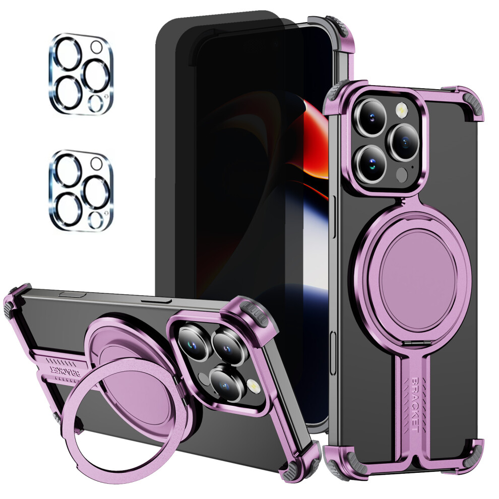 Compatible With Iphone 16E & Iphone Se4: Frameless Metal Case + 2 Privacy Screen Protectors + 2 Camera Lens Protectors + 360 Kickstand, Slim 9448483623032