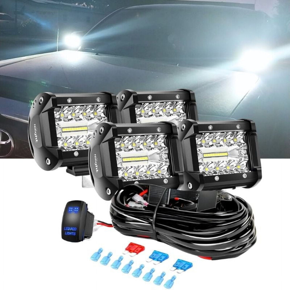 4Pcs 4" Led Pods Triple Row Spot/Flood Combo, 60W, W/ Switch & HarnessâCompatible With Trucks, Polaris, Boats, Utv, Atv Light 9448483625739