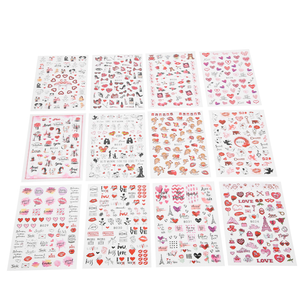 12 Sheets Valentine's Day Nail Art Stickers Red Lips & Heart Decals for Nails