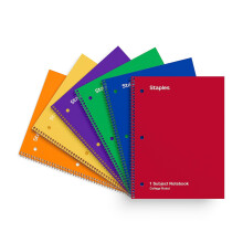 STAPLES Cuaderno Espiral de 1 Tema, 8" x 10.5", Rayado Universitario, 70 Hojas, Colores Variados, Paquete de 6