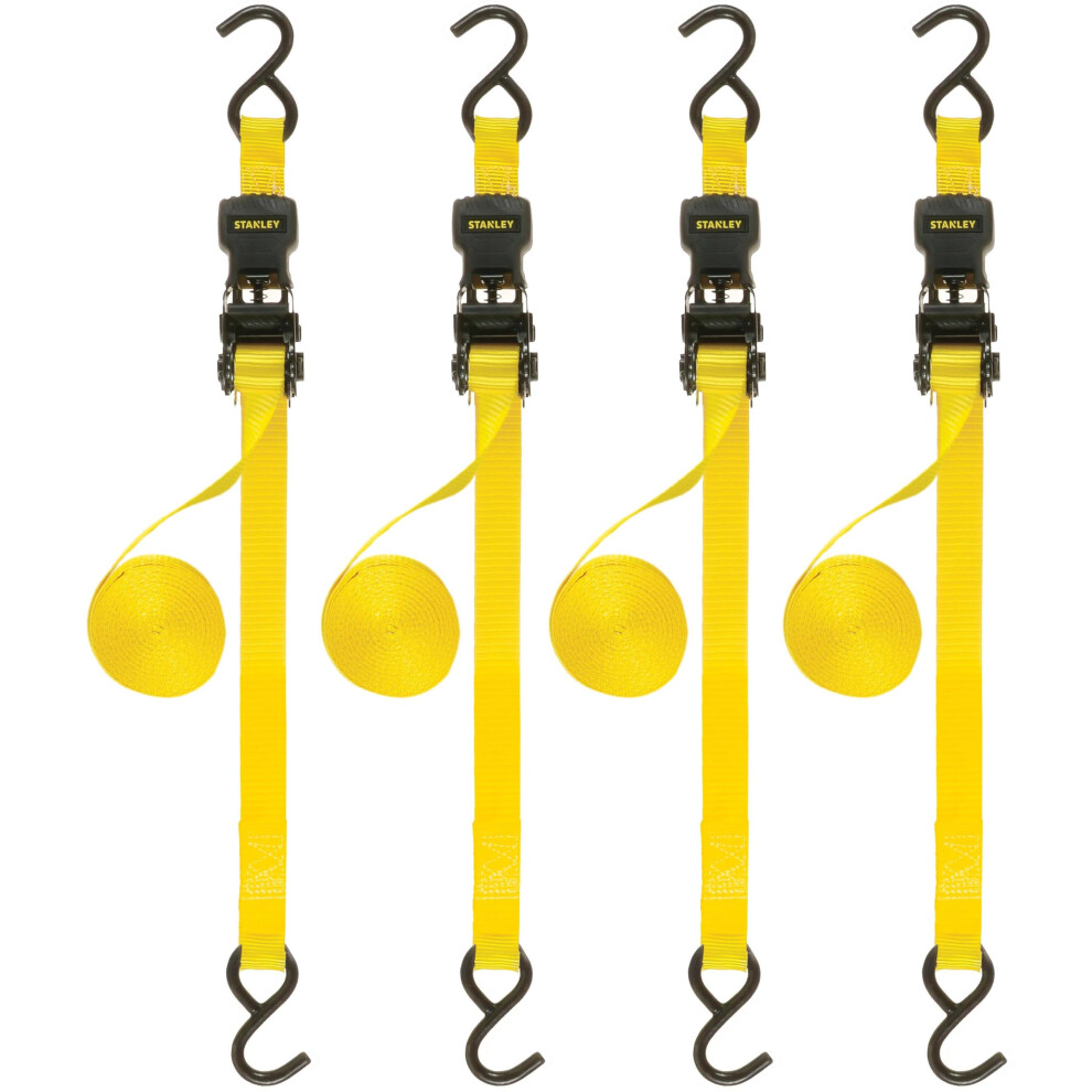 Stanley S10004-12 Black/Yellow 1" X 12' Ratchet Straps - 500 Lbs Safe Working Load / 1,500 Lbs Break Strength, 4 Pack