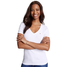 TOMMY HILFIGER Dames Favoriete Regular Fit V-Hals Vlag Logo T-Shirt, Wit, M