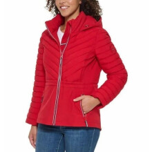 Tommy Hilfiger Kvinders Hætte Stretch Skall Vatteret Jakke - Vinterjakke til Kvinder - Ydertøj med Lommer (Rød, Large)