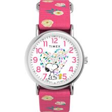 Reloj Timex Peanuts Weekender Floral 38mm - Correa Rosa Esfera Blanca Caja Plateada