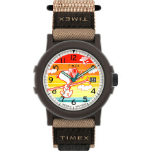 Reloj Timex Peanuts Camper 38mm para Hombre - Correa Marrón, Esfera Roja, Caja Negra