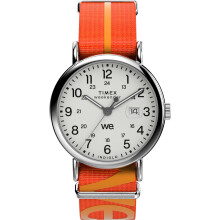 Reloj Timex Weekender para Hombre 40mm - Correa Naranja Esfera Blanca Caja Plateada