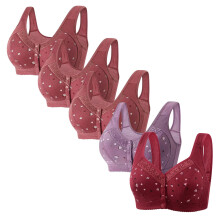 5 Pack Daisy Bras For Women Front Button Snaps Closure Wireless Cotton Bra For Seniors Sports Bra Push Up Bra Wire Free Bras Trendy Bras Burgundy XL