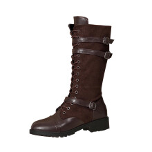 Stivali da combattimento da donna in denim al ginocchio con lacci e fibbie, modello skinny al polpaccio, colore caffè40