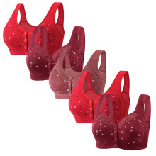 Dames Daisy BH met handige sluiting aan de voorkant, sportbeha voor oudere vrouwen, comfortabele katoenen BH zonder beugel, ondergoed, 5-pack, rood S