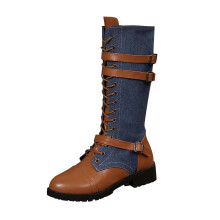 Stivali da combattimento da donna in denim al ginocchio con lacci e fibbie, modello skinny al polpaccio, blu navy, taglia 38.