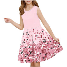 Girls' summer sleeveless sequined dress with round neck and