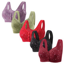 5-Pack Daisy Bras for Women, Front-Button Cotton Wireless Bra – Supportive, Push-Up, Wire-Free, Purple, 2XL, Compatible with Seniors & Sports
