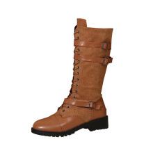 Botas femininas de cano alto em jeans com cadarço, fivelas e modelagem skinny na panturrilha, tamanho 40 (marrom).