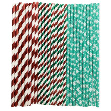 Festive Straws White Snowflake on Green Background 150Pcs 7.8In x 0.2In