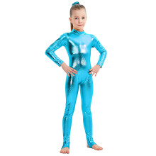 Lyseblå børne langærmet bodycon-body, taljetræner og catsuit til dans/cosplay – lynlås, pailletter og glimmer, kompatibel med 7-9 år