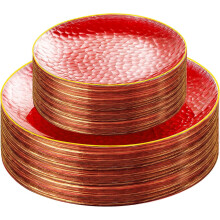 60 Pcs Red Plastic Plates with Gold Rim – Fancy Hammered Disposable Party Plates (30 Dessert + 30 Dinner)