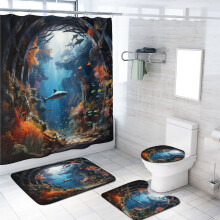 Fantasy Dolphin Shower Curtain Set with Non-Slip Rug, Toilet Lid Cover & 12 Hooks – 72x72 Inch, Blue Underwater Theme