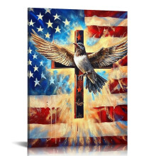 4th of July Patriotic Canvas Wall Art: Eagle & Cross Design, 16x20in – for Living Room, Bedroom, Office – Compatible with standard frames
