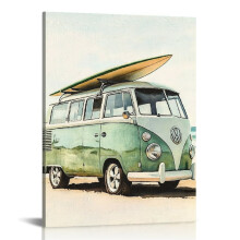 Retro Beach Green Surfing Van Canvas Wall Art, 16x20in – for Living Room, Bathroom, Bedroom, Office Decor