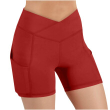 Dames yoga-/bikershorts met hoge taille en zakken, corrigerende werking voor de buik, rood, maat M