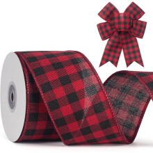 Panglică de Crăciun Buffalo Plaid, 6,35 cm, cu sârmă, 10 yarzi, roșie/albă, pentru funde, coroane, brazi și decorațiuni exterioare