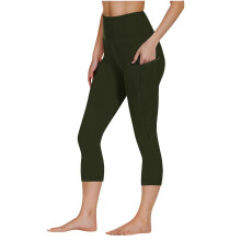 Dameslegging met hoge taille en zakken, yogabroek met buikcontrole, sportieve capri (7/8 lengte) voor dames, legergroen, maat L