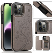 iPhone 16 Wallet Case with Card Holder, Embossed Floral PU Leather Kickstand, Double Magnetic Clasp, Shockproof, Gray – compatible with iPhone 16