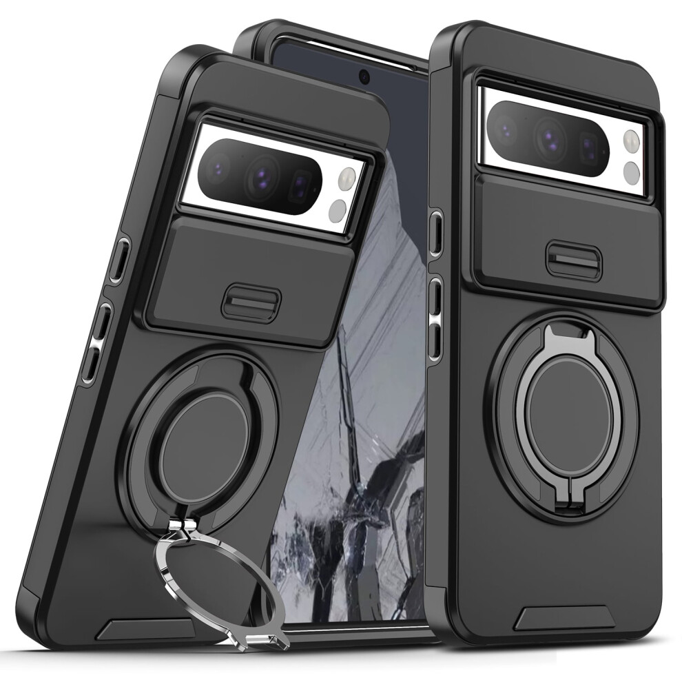 Rugged Military-Grade Shockproof Case For Google Pixel 9 Pro Xl With Ring Magnetic Kickstand – Black 9448483555289