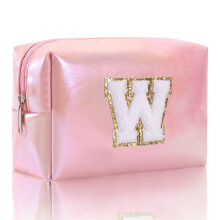 Large Embroidered Makeup Bag - Alphabet Monogram Travel Cosmetic Organizer, Toiletry Clutch with Zipper, Durable Storage