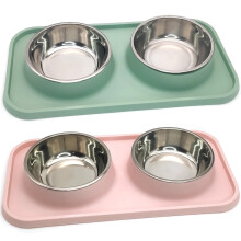 Dobbelmatskål i rustfritt stål til hund med sølebeskyttelse, kompatibel med valp, katt, kattunge, små/mellomstore hunder – rosa
