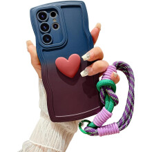 Compatible with Samsung Galaxy S24 Ultra Gradient Wavy Case with Wrist Strap, Love Heart Design, Soft Silicone Shockproof Cover – Navy/Brown