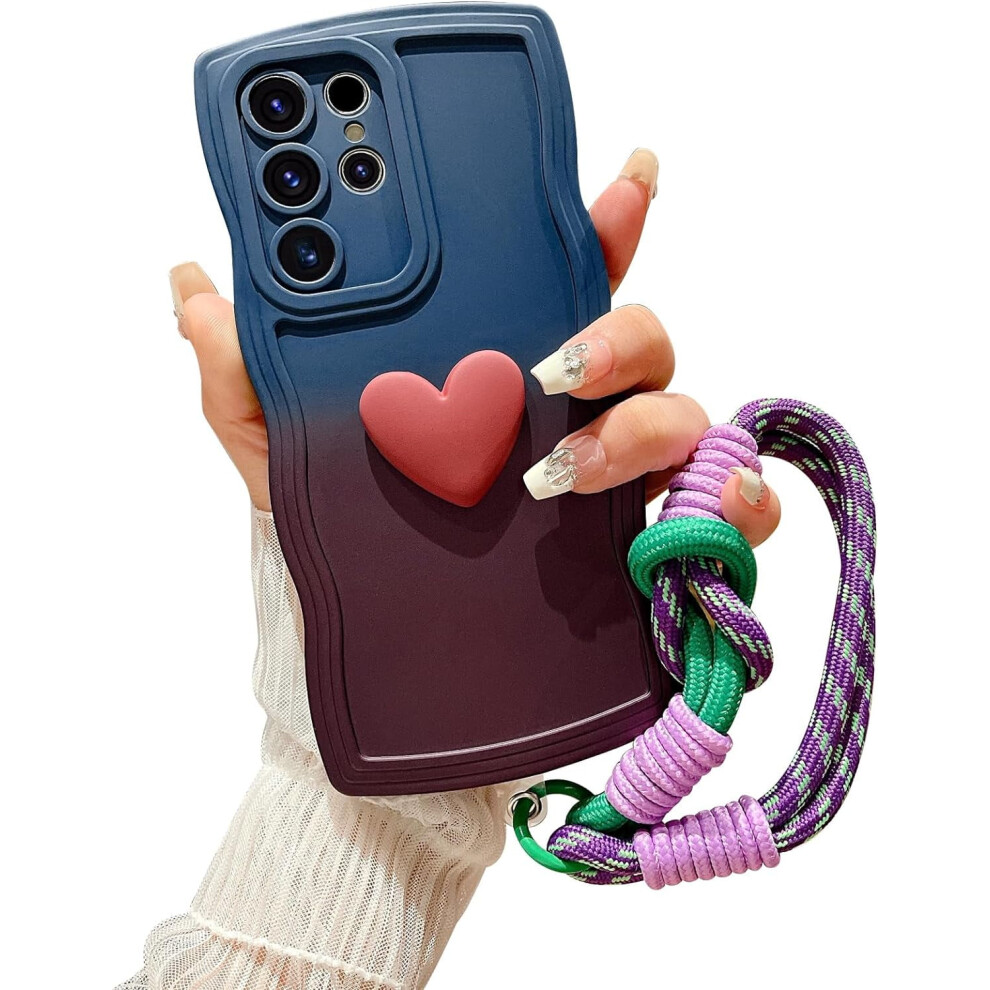 Compatible With Samsung Galaxy S24 Ultra Gradient Wavy Case With Wrist Strap, Love Heart Design, Soft Silicone Shockproof Cover Â Navy/ Brown 9448483630030
