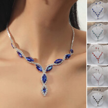 3Pcs Necklace & Earring Set: Rhinestone Geometric Tassel, Hypoallergenic, Pink & Royal Blue Faux Crystal Jewelry for Prom, Wedding, Anniversary –