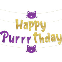 Happy Purrrthday Glitter Banner – Cat Birthday Banner and Decorations – Funny Kitten Birthday Party Supplies and Gifts