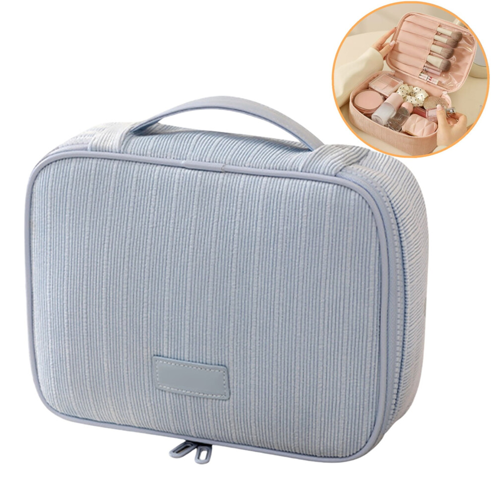Blue Large Capacity Portable Makeup Bag With Handle & Brush Holder, Â Compatible With Travel Toiletries