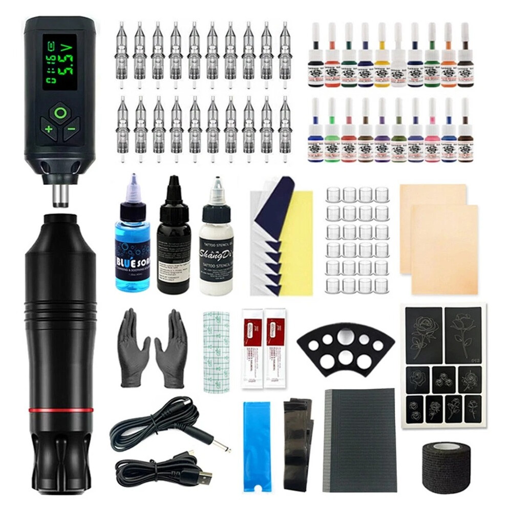 100% Brand New And High-Quality Wireless Tattoo Gun Kit Complete Rotary Pen Machine With Power Supply Ink Needle