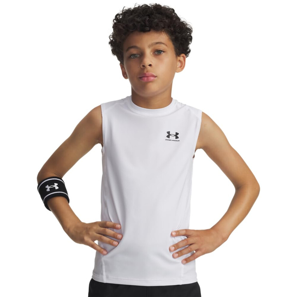 Under Armour Boys Heatgear Armour Sleeveless T-Shirt, White (100)/Black, Large