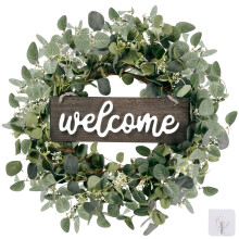 Groene eucalyptusbladerenkrans met welkomstbordje, 50 cm, kunstmatige lente- en zomerdecoratie