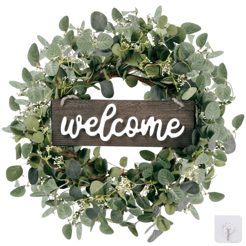Guirlanda artificial de folhas de eucalipto verde com placa de boas-vindas, 50 cm (20 polegadas), decoração para primavera/verão.
