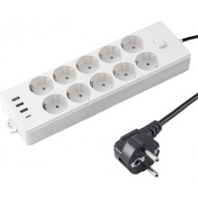 10-fach Steckdosenleiste mit USB-C und 3 USB-A-Anschlüssen, 2 m Kabel, Wandhalterung
