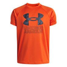 Maglietta a maniche corte Under Armour Boys' Tech Hybrid Print, (844) Arancione / Blu Lavato, Grande