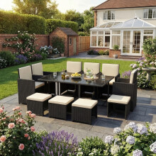 (Black) Cuba 10 Seat Rattan Garden Set Dining Table UKFR