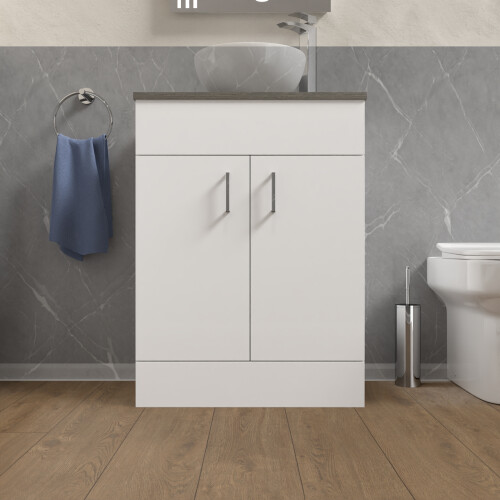 NES Home Nes Home 600mm White Vanity Unit Cabinet With Oak Worktop 1