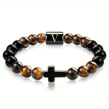Herren-Armband mit Tigerauge-Stein und Buchstabenmotiv, 8 mm