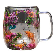 Double-Walled Glass Cup 250ml/390ml, Insulated Transparent Tumbler with Dried Flowers – Artistic Drinkware for Hot & Cold Beverages