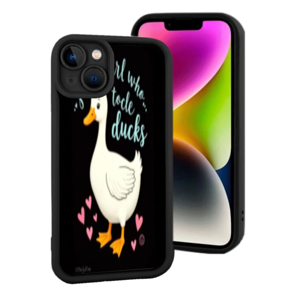 Lightweight Compatible With Iphone 15 Phone Case - Cute Cartoon Duck Design With Pink Hearts On Black Background Stylish & Fun Pink,Black 9448483454766