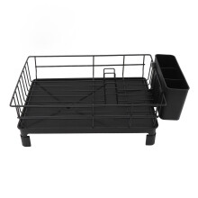 Black Carbon Steel Dish Drying Rack, Multifunctional Kitchen Counter Drainer with Utensil Holder (40x28x12cm)