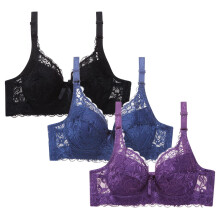 3pc Women's Signature Lace Unlined Wireless Bra Plus Size Seamless Plunge Comfortable Bra Black 46D